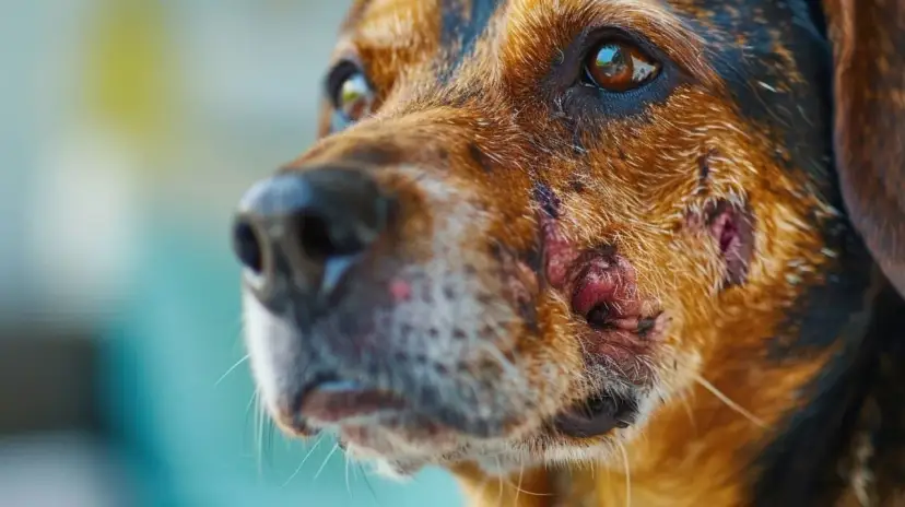 Primer plano de un perro con leishmaniasis, mostrando lesiones cutáneas en su rostro.