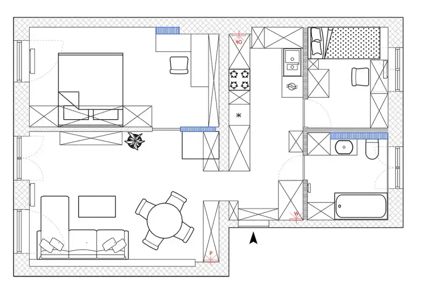 Plan architektoniczny mieszkania: salon z sofą i stołem, kuchnia, sypialnia z łóżkiem, łazienka z wanną i toaletą.
