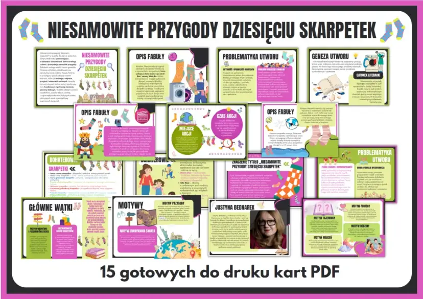 Niesamowite przygody dziesięciu skarpetek – karty PDF z opisem fabuły, bohaterów, motywów i problematyki utworu.