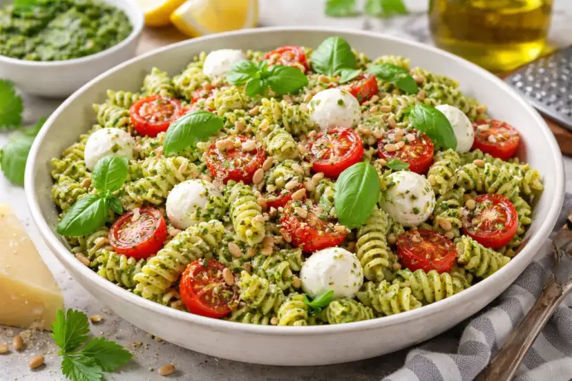 Ensalada de pasta con pesto, tomates cherry, mozzarella y piñones.