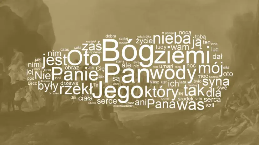 Słowa z Psalmu 148 tworzą chmurę, gdzie "Oto Bóg ziemi" i "Pan wody" dominują. W tle widać fragmenty malowidła.