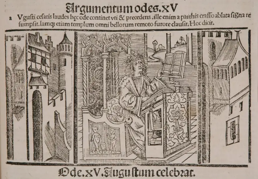 Ilustracja z tekstem "Argumentumodes.XV" przedstawia postać w wieńcu laurowym przy pulpicie, symbolizującą trwałość dzieła, co oznacza "exegi monumentum" – wzniósł pomnik.