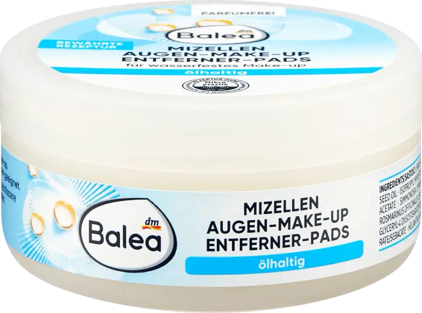 Balea Mizellen Augen-Make-up Entferner Pads, ölhaltig, in weißer Dose mit blauem Etikett.