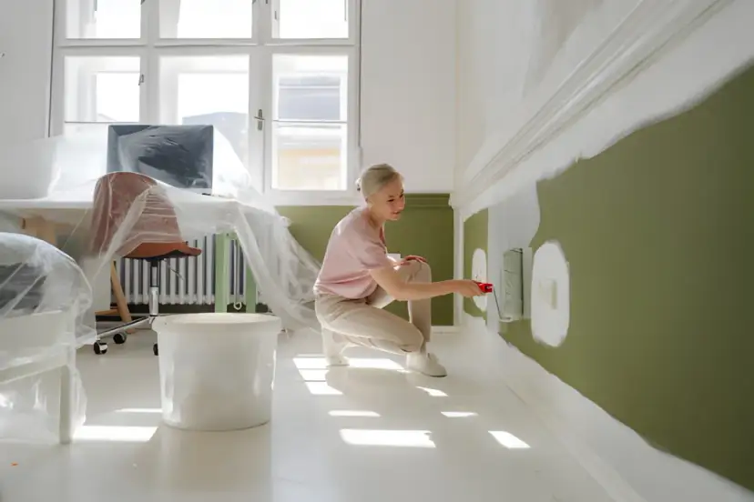 Kobieta maluje ścianę na zielono, klęcząc obok wiadra z farbą.
