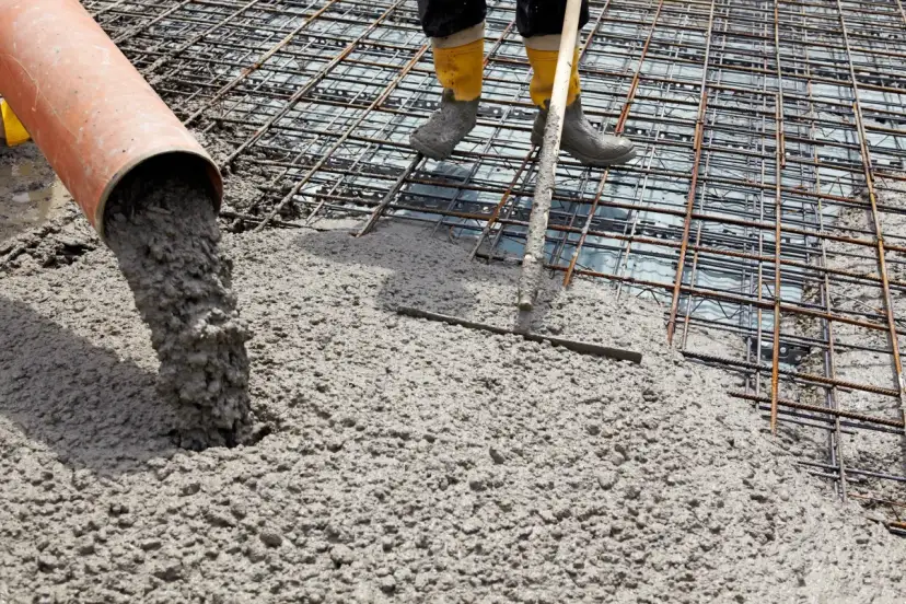 Wylewanie betonu na zbrojenie fundamentów.