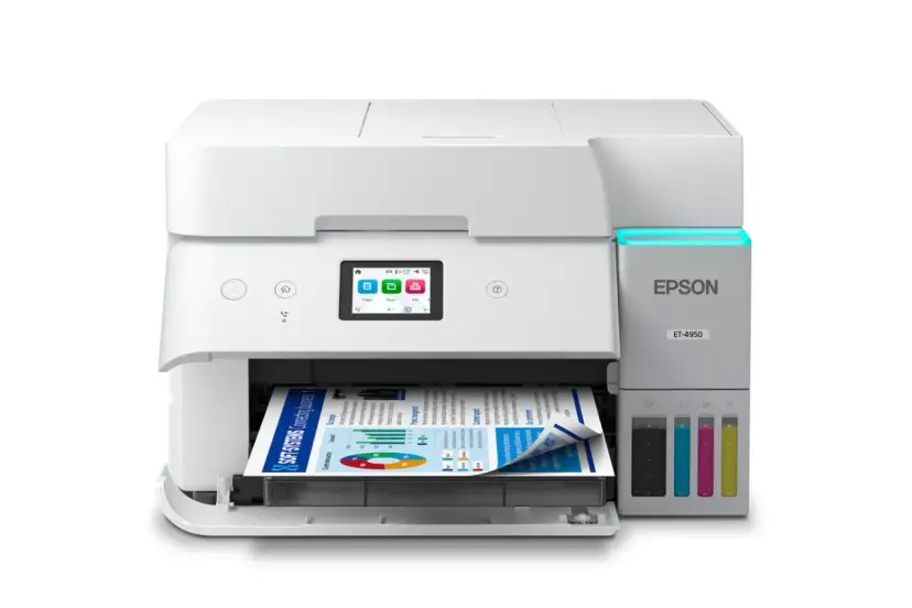 Biała drukarka Epson ET-4950 z kolorowym ekranem i wydrukowanym dokumentem.