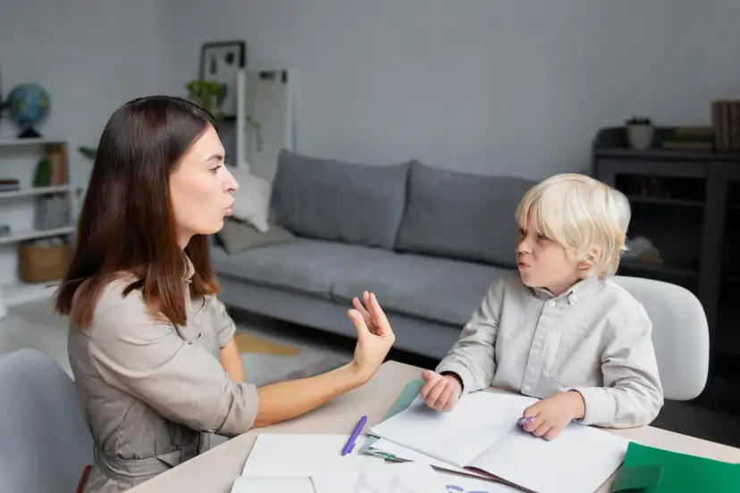 Terapeuta pracuje z dzieckiem, które ma orzeczenie o specjalnych potrzebach edukacyjnych, ćwicząc wymowę.