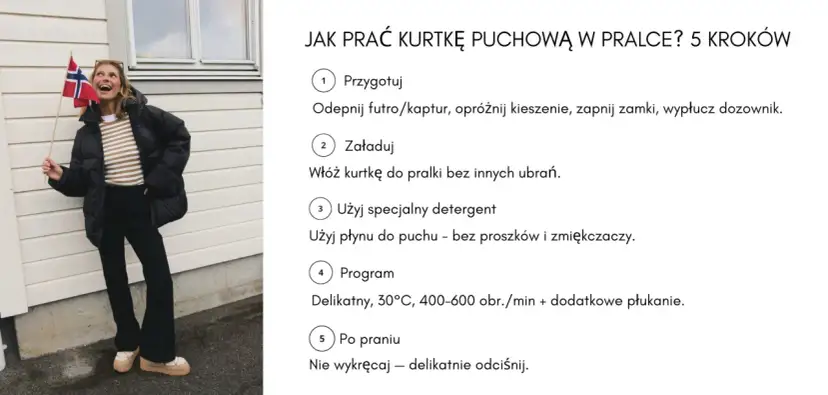 Kobieta z flagą Norwegii pokazuje, jak prać kurtkę puchową w pralce. Instrukcja krok po kroku.