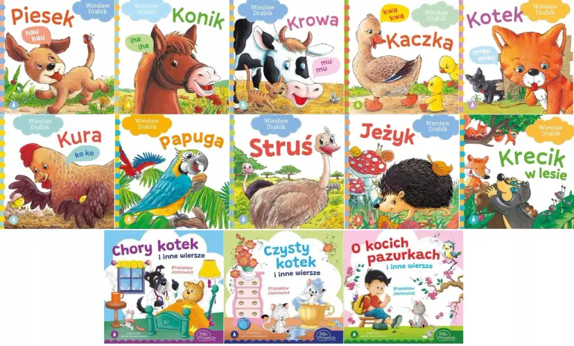 Okładki książek z wierszami o zwierzętach. Na jednej z nich chory kotek leży w łóżku, a piesek-lekarz go bada.