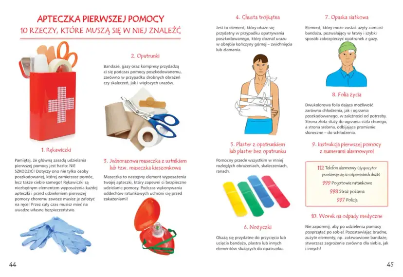 Apteczka pierwszej pomocy: rękawiczki, opatrunki, maseczka, chusta trójkątna, plastry, nożyczki, opaska, folia życia, instrukcja, worek na odpady. Materiały do udzielania pierwszej pomocy dzieciom.