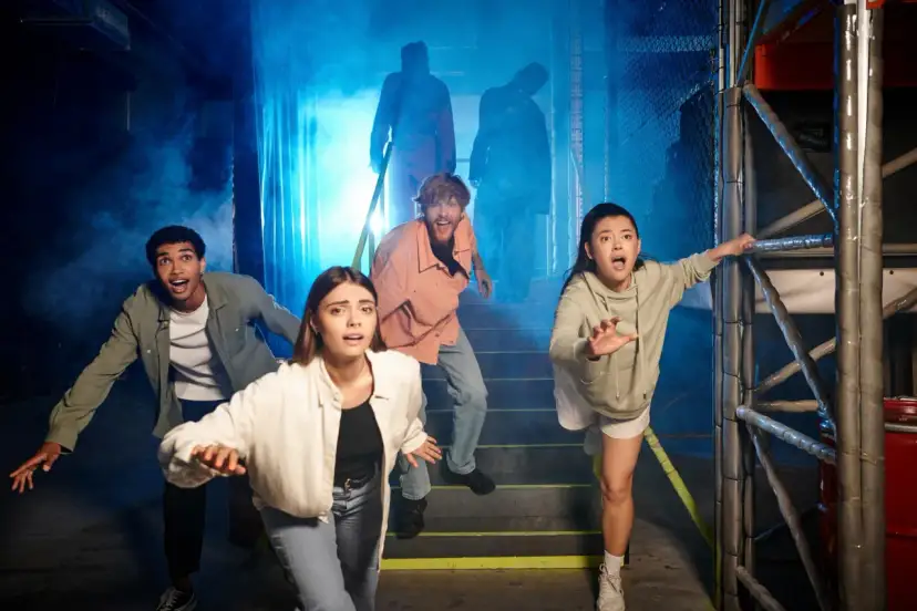 Grupa przerażonych ludzi ucieka przed postaciami w dymie. To wygląda jak prawdziwy escape room, gdzie trzeba rozwiązać zagadki, by przeżyć.