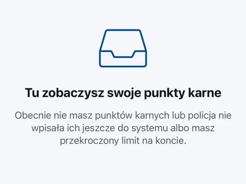 Ikona folderu i tekst: "Tu zobaczysz swoje punkty karne". Obecnie brak punktów, ale uwaga na recydywę za prędkość!
