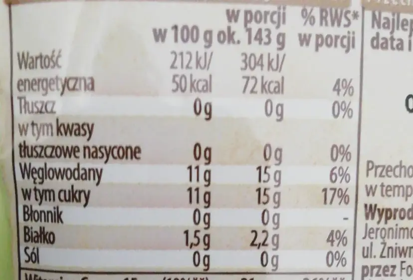 Tabela wartości odżywczych z informacją o kaloriach, tłuszczach, węglowodanach i białku.