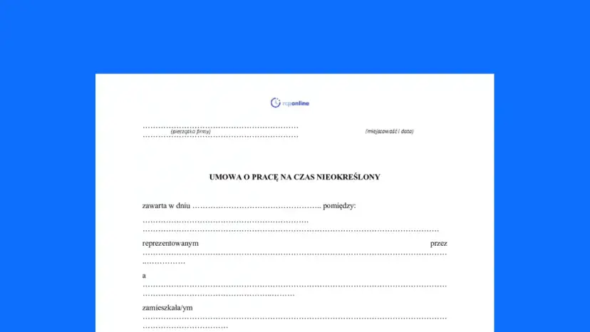 Formularz umowy o pracę na czas nieokreślony, gotowy do wypełnienia.