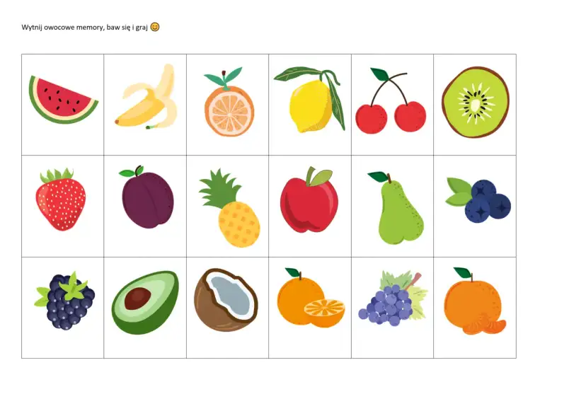 Kolorowe owoce karty pracy do druku: arbuz, banan, pomarańcza, cytryna, wiśnie, kiwi, truskawka, śliwka, ananas, jabłko, gruszka, borówki, jeżyna, awokado, kokos, mandarynka, winogrona.