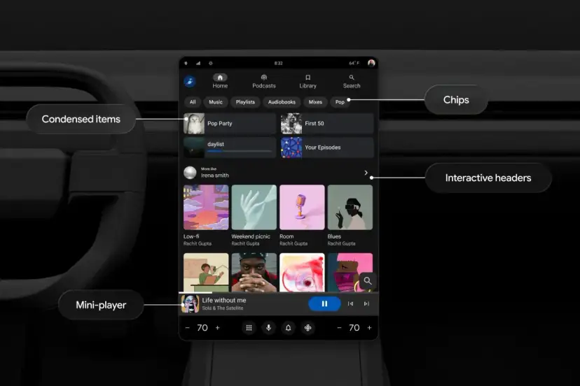 Interface de l'application Android Auto avec des éléments condensés, un mini-lecteur et des en-têtes interactifs.