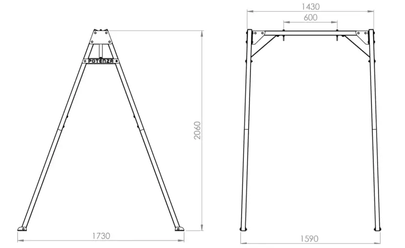 Rysunek techniczny huśtawki ogrodowej z wymiarami: wysokość 2060 mm, szerokość 1430 mm, głębokość 1590 mm.