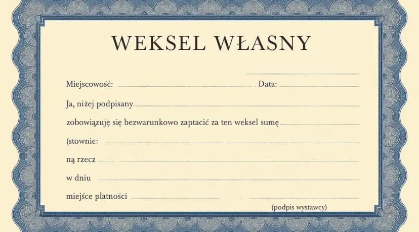 Formularz weksla własnego z polami do wypełnienia: miejscowość, data, kwota, odbiorca i podpis.