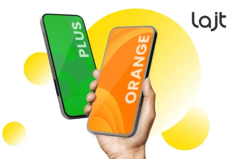 Dwa telefony, jeden z napisem "PLUS" na zielonym tle, drugi z napisem "ORANGE" na pomarańczowym. Logo "lajt" sugeruje, co to jest lajt mobile.
