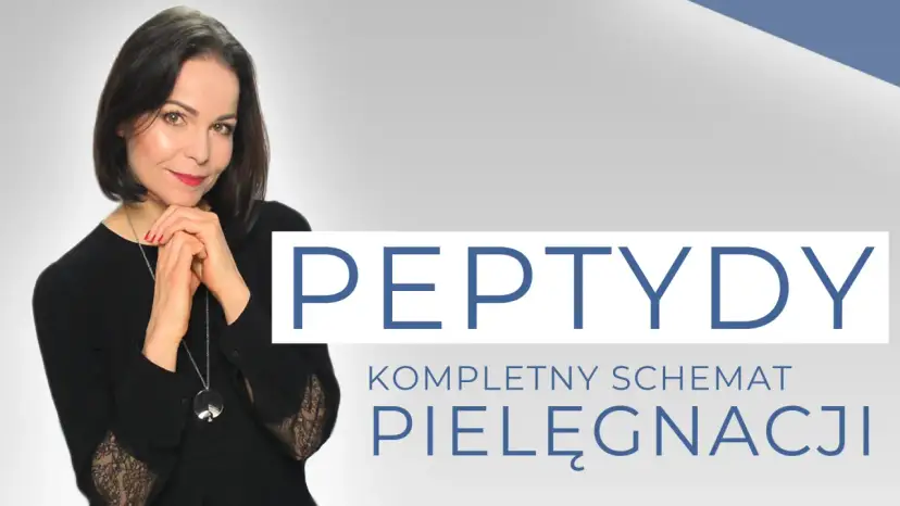 Kobieta z dłońmi pod brodą, obok napis "PEPTYDY KOMPLETNY SCHEMAT PIELĘGNACJI". Dowiedz się, peptydy co to.