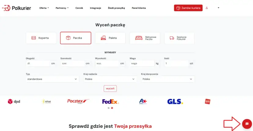 Formularz wyceny paczki na stronie Polkurier z polami na wymiary, wagę i kraj nadania/doręczenia.