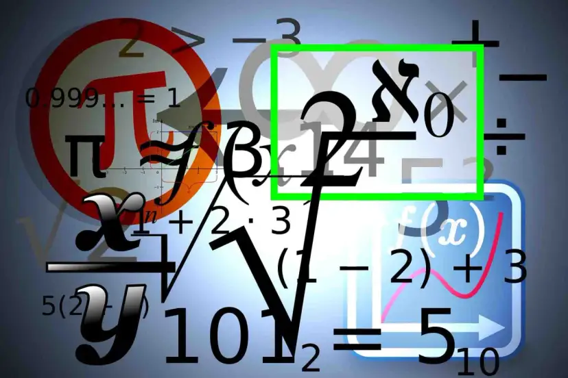 Tło z matematycznymi symbolami i równaniami, w tym grecką literą Pi i symbolem alef.