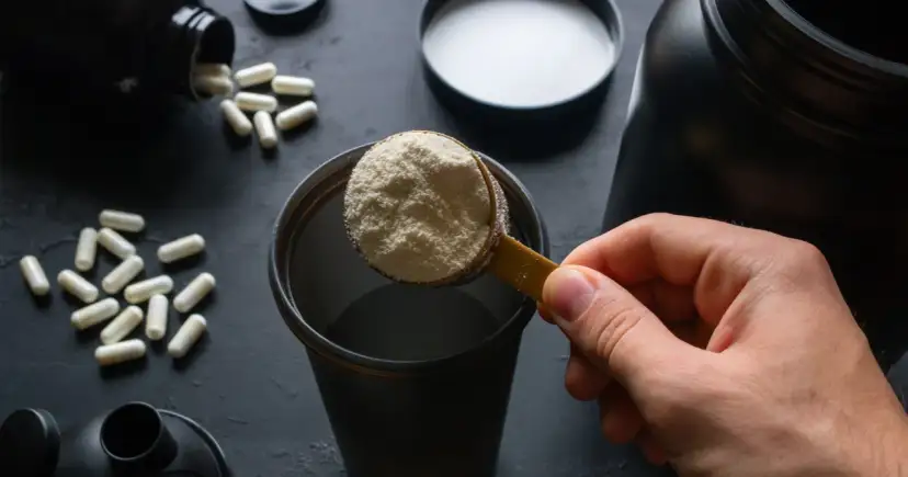 Łyżka białego proszku, czyli protein, trafia do shakera. Obok leżą kapsułki.