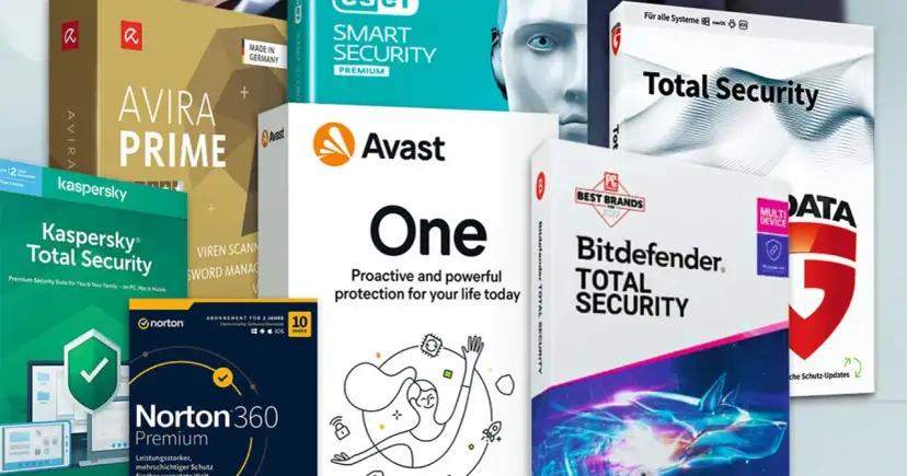 Pudełka programów antywirusowych: Avira Prime, Kaspersky Total Security, Avast One, Bitdefender Total Security, Norton 360 Premium.