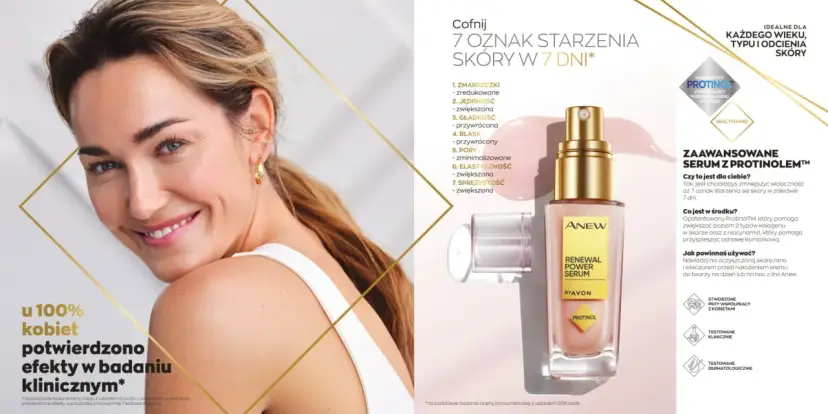 Uśmiechnięta kobieta obok buteleczki serum Avon Anew z Protinolem.