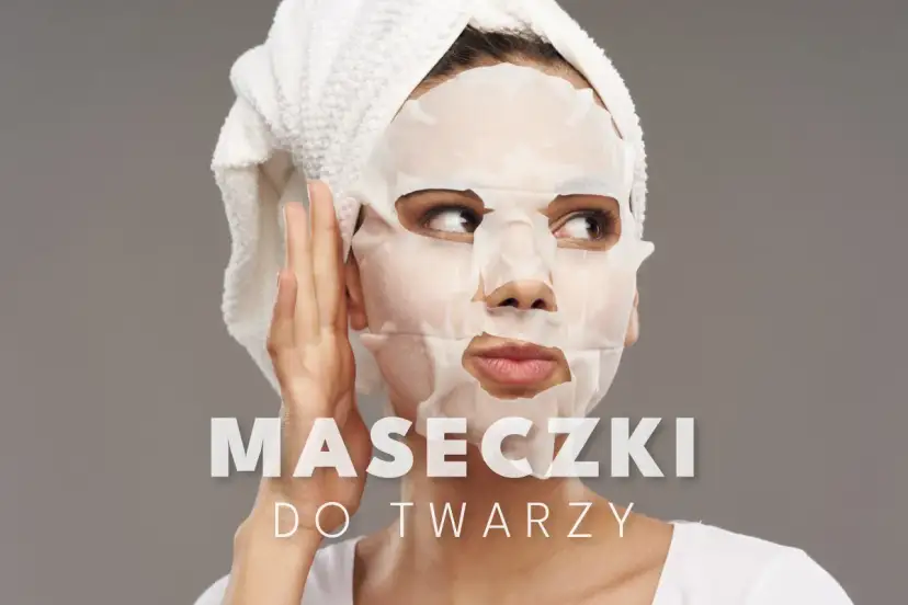 Kobieta z ręcznikiem na głowie stosuje maseczkę na niedoskonałości. Tekst: "MASECZKI DO TWARZY".