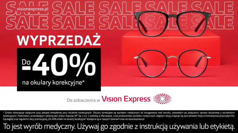 Dwa modele okularów korekcyjnych na czerwonym tle z napisem "WYPRZEDAŻ" i "Do 40%".