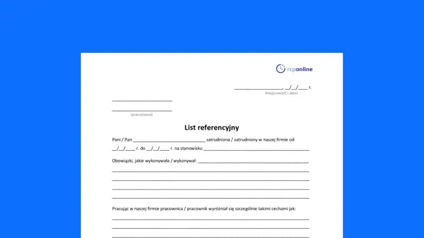 List referencyjny - wzór dokumentu do wypełnienia przez pracodawcę, zawierający dane pracownika, okres zatrudnienia i opis obowiązków.