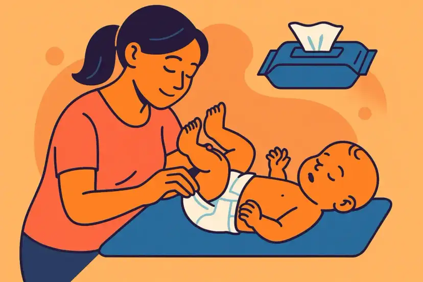 Ilustracja: kobieta przewija noworodka, obok chusteczki nawilżane.