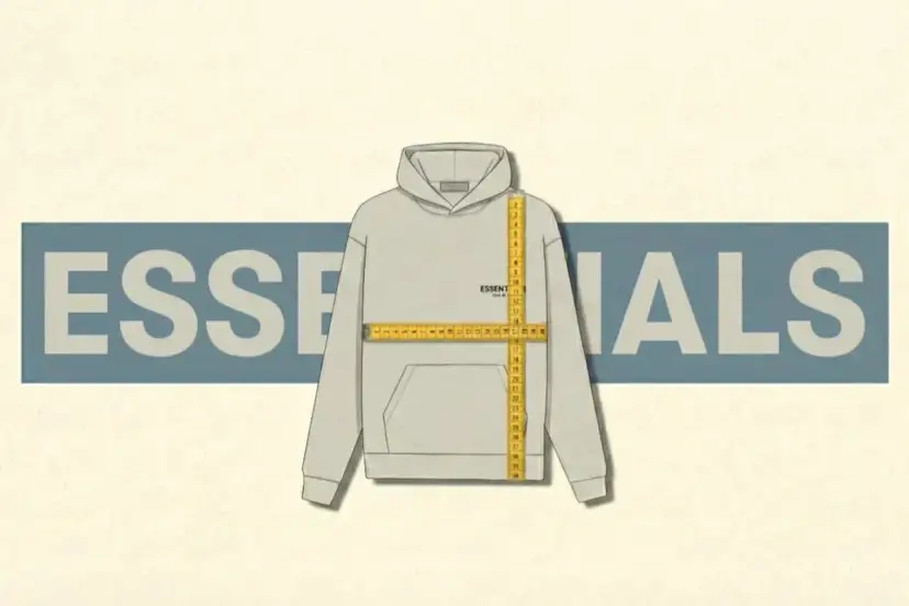 Szara bluza z kapturem, na której miarka krawiecka pokazuje rozmiar 14. W tle napis "ESSENTIALS".