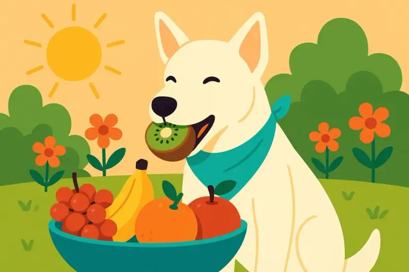 Un perro blanco con un pañuelo azul disfruta de un kiwi. Al lado, un cuenco lleno de frutas y flores naranjas bajo el sol. ¡Los perros pueden comer kiwi!