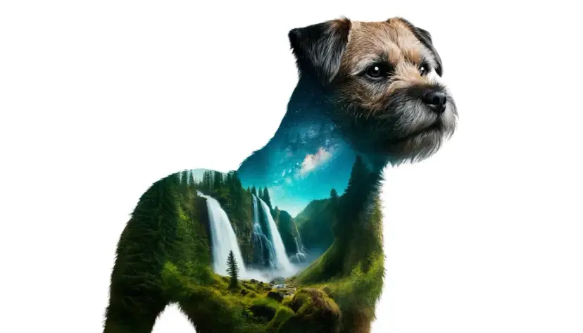 Un border terrier con un paisaje de cascadas y bosque en su interior, y el cielo estrellado en su cuello.