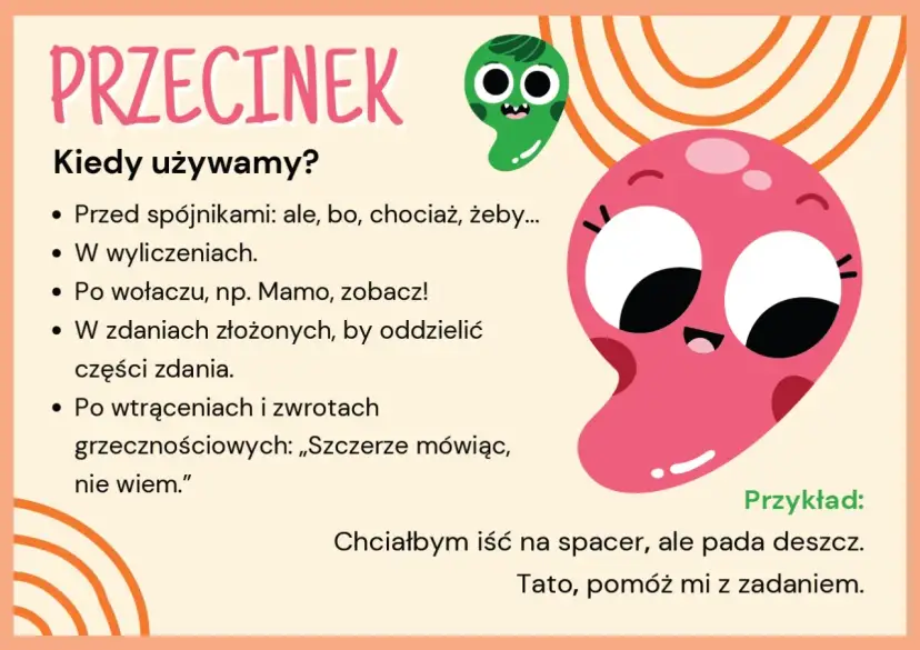 Uroczy przecinek wyjaśnia, kiedy go używamy, np. przed spójnikami. Przykład: Chciałbym iść na spacer, ale pada deszcz.