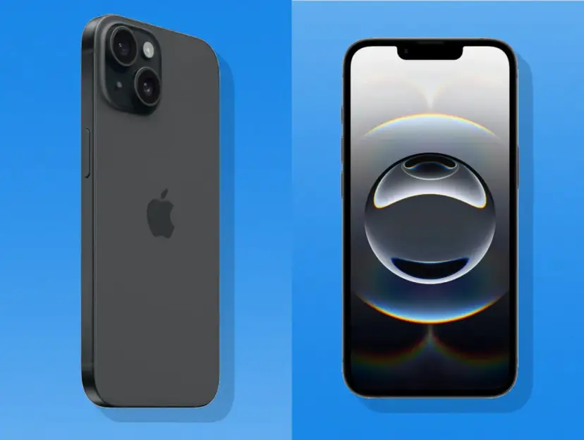 Zwei iPhones, eines von hinten mit Kameras, das andere von vorne mit Wallpaper.