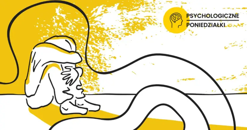 Ilustracja przedstawia skuloną postać w żółto-białej kolorystyce, symbolizującą niepokój.