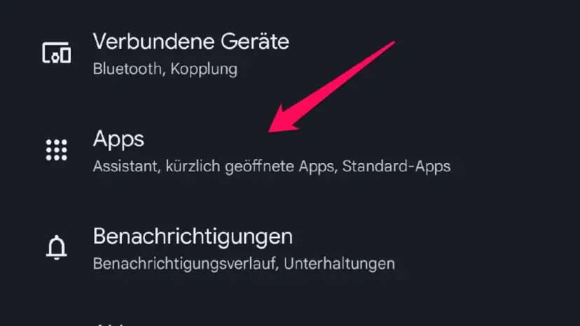 Android-Menü mit hervorgehobener Option "Apps" und Pfeil.