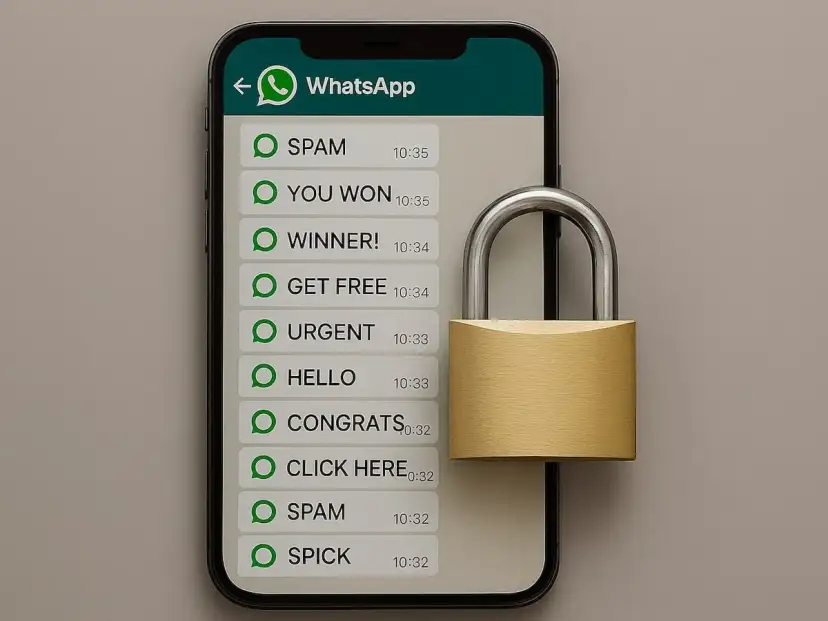 Smartphone mit WhatsApp-Nachrichten und einem Vorhängeschloss, das Sicherheit symbolisiert.