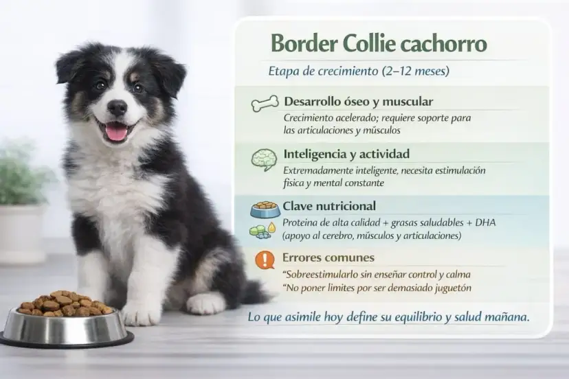 Border Collie cachorro junto a su plato de comida, con información sobre su desarrollo, nutrición y errores comunes.