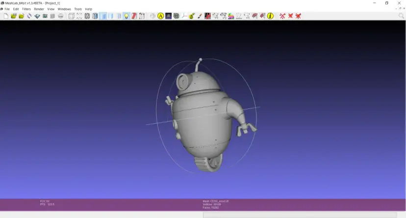 Szary model robota 3D na fioletowym tle, widoczny w oprogramowaniu MeshLab.