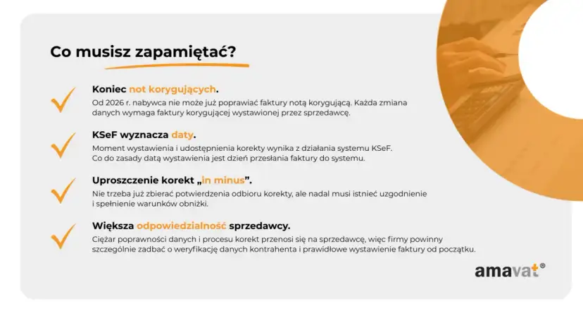 Koniec not korygujących od 2026 r. Zmiany danych wymagają faktury korygującej. KSeF wyznacza daty korekt. Uproszczenie korekt „in minus". Większa odpowiedzialność sprzedawcy.