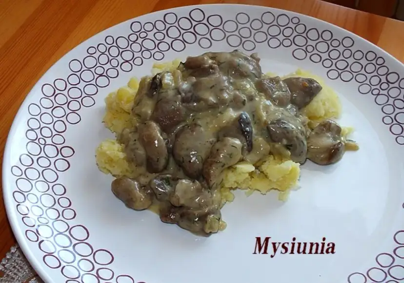 Sos z maślaków z koperkiem na purée ziemniaczanym na białym talerzu z wzorem kółek.