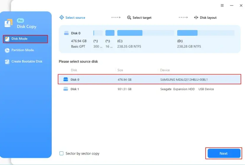 Interfejs programu do kopiowania dysków. Wybrano tryb "Disk Mode", zaznaczono "Disk 0" jako dysk źródłowy, gotowy do wykonania operacji, jak sklonować dysk.