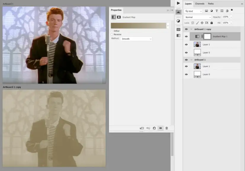 Rick Astley w kadrze, z efektem złoty kolor photoshop. Widoczny panel warstw i właściwości.