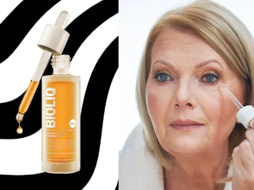 Butelka serum Bioliq PRO i starsza kobieta aplikująca kosmetyk pod oczy.