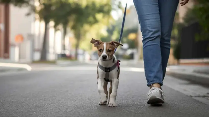 Un cachorro con arnés y correa sale a la calle por primera vez, explorando el mundo junto a su dueño.