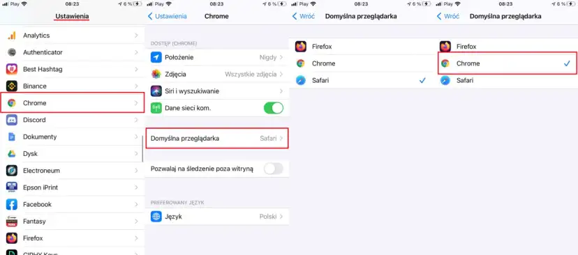 Ekran ustawień telefonu z zaznaczonym wyborem Chrome jako domyślnej przeglądarki.